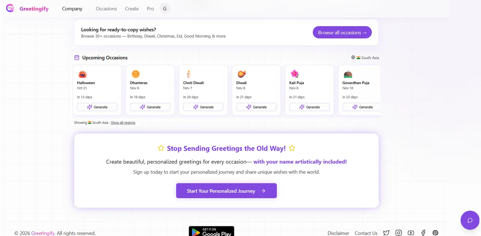 Upcoming occasions on Greetingify